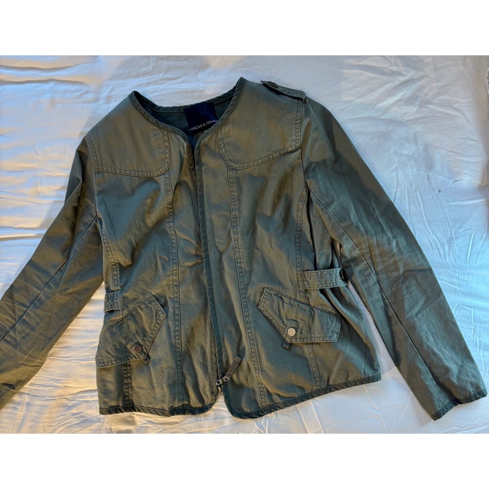 Harlowe & Graham Olive Green Utility Jacket Crochet Knit Back Mixed Media Small